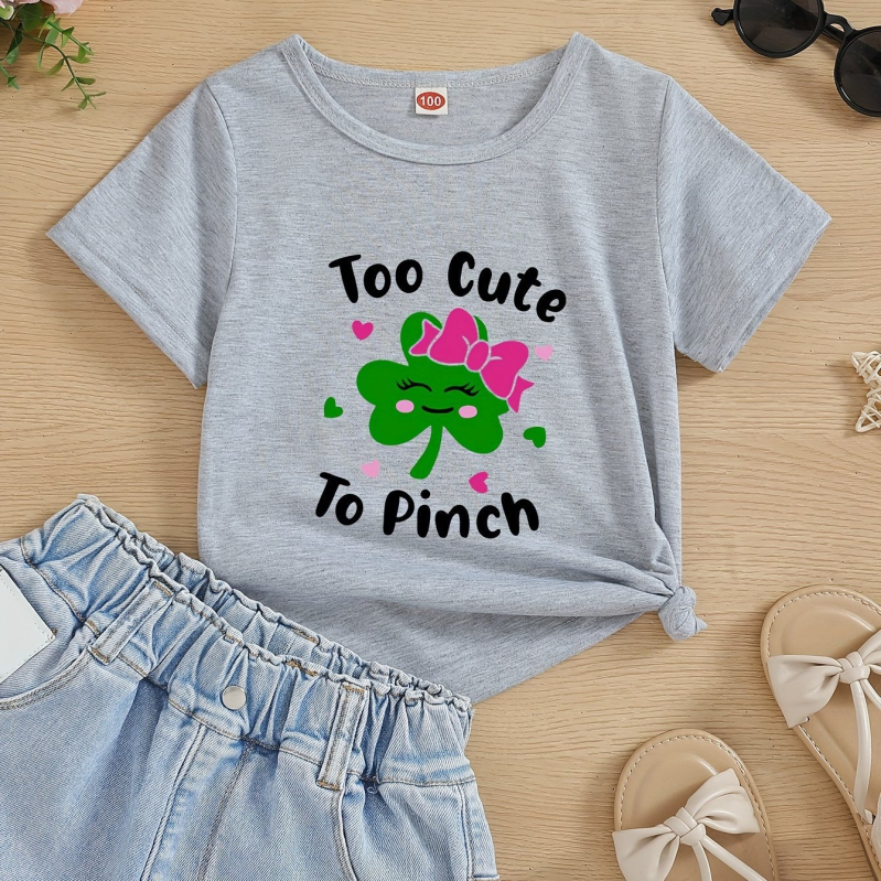 Tricou din bumbac pentru fetițe cu imprimeu drăguț de trifoi și litere, guler rotund, mâneci scurte, stil street fashion
