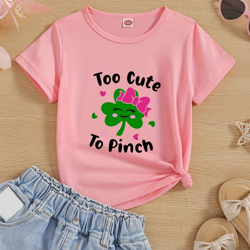 Tricou din bumbac pentru fetițe cu imprimeu drăguț de trifoi și litere, guler rotund, mâneci scurte, stil street fashion