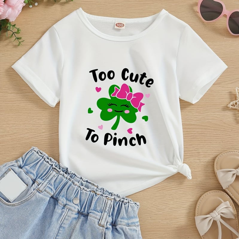 Tricou din bumbac pentru fetițe cu imprimeu drăguț de trifoi și litere, guler rotund, mâneci scurte, stil street fashion