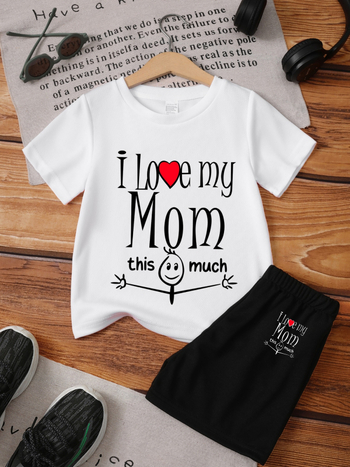 Σετ παιδικών T‑shirt και σορτς με το μήνυμα "My Love Mom", καλοκαιρινή καθημερινή εμφάνιση