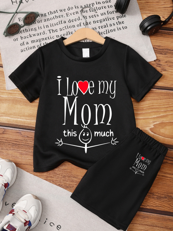 Σετ παιδικών T‑shirt και σορτς με το μήνυμα "My Love Mom", καλοκαιρινή καθημερινή εμφάνιση