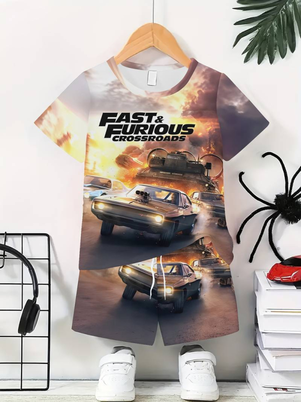 Παιδικό σετ δύο τεμαχίων για αθλητικά: T-shirt με 3D εκτύπωση και σορτς με κινούμενα σχέδια
