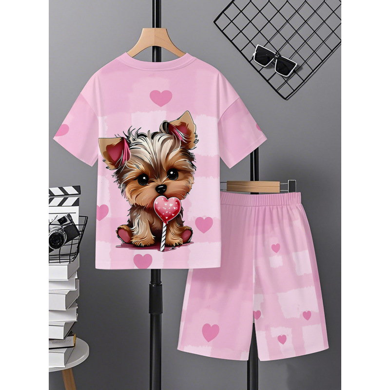 Σετ δύο τεμαχίων για παιδιά: μπλούζα με 3D ψηφιακή εκτύπωση γλυκού, πολύχρωμου σκύλου, στρογγυλός λαιμός, κοντά μανίκια, αθλητικά-χαλαρό στυλ, μαζί με σορτς