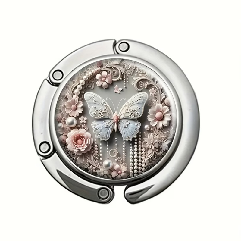Cârlig metalic pliabil portabil pentru birou, model cu fluture – cârlig elegant pentru geanta de damă