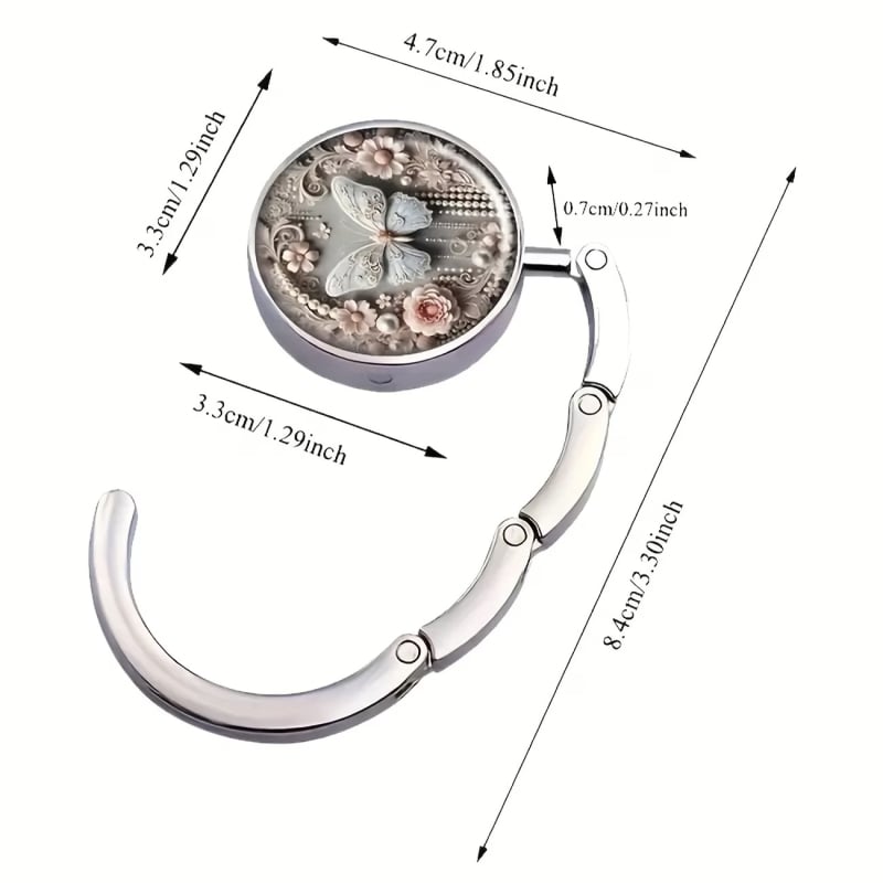 Cârlig metalic pliabil portabil pentru birou, model cu fluture – cârlig elegant pentru geanta de damă