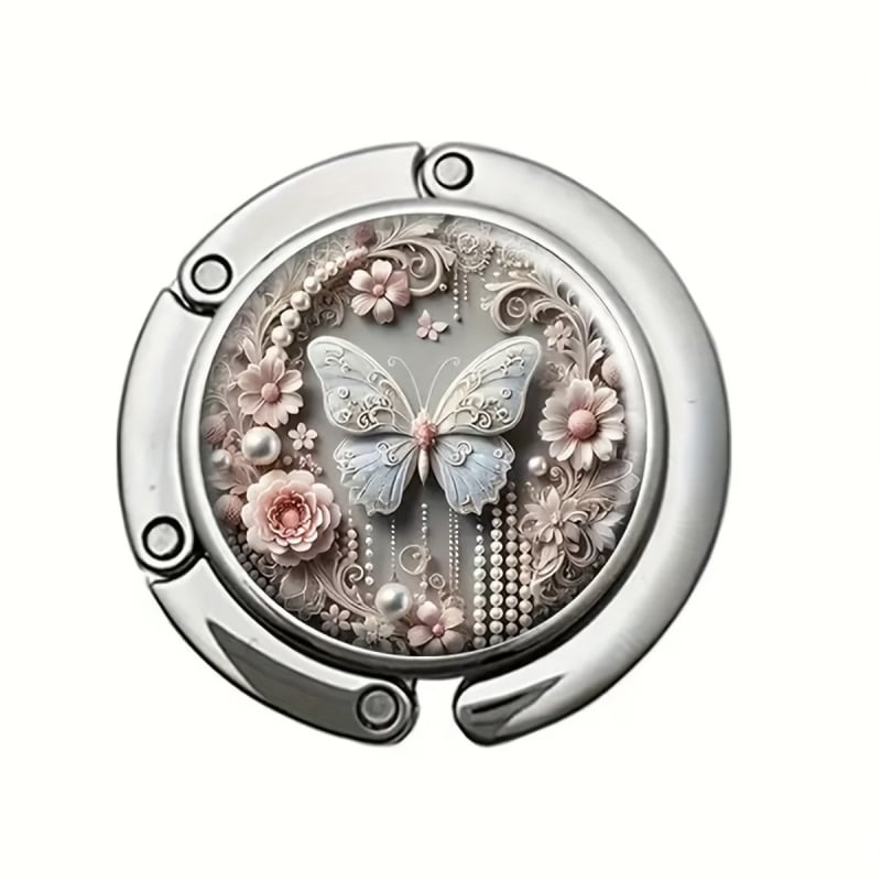 Cârlig metalic pliabil portabil pentru birou, model cu fluture – cârlig elegant pentru geanta de damă