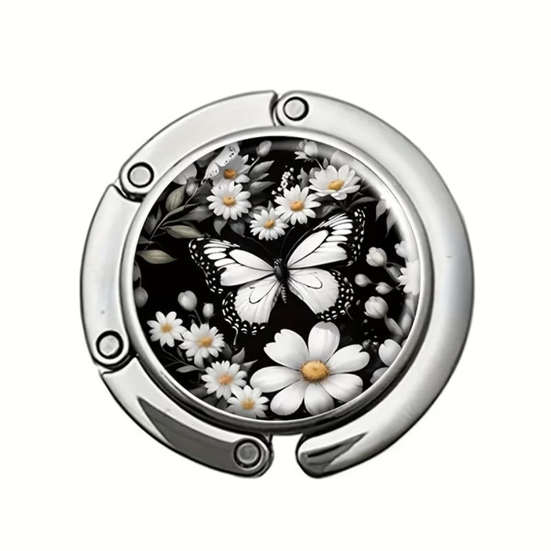 Cârlig metalic pliabil portabil pentru birou, model cu fluture – cârlig elegant pentru geanta de damă