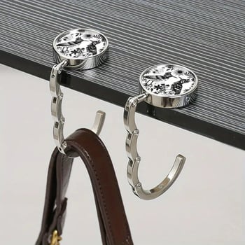 Cuier pliabil pentru geantă, design negru-alb cu colibri, cârlig portabil pentru portofel