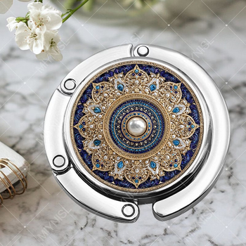 Cârlig rotund pliabil din metal, creativ, decorat cu margini aurii luxoase și safire, potrivit pentru genți de mână