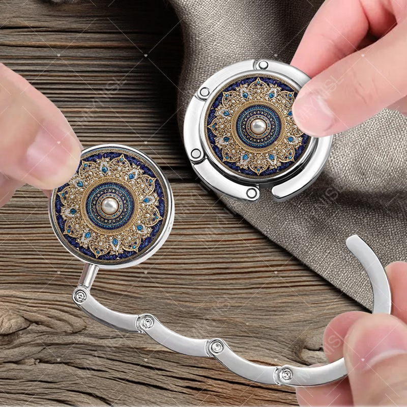 Cârlig rotund pliabil din metal, creativ, decorat cu margini aurii luxoase și safire, potrivit pentru genți de mână