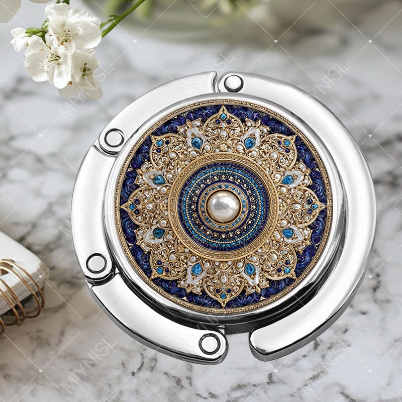 Cârlig rotund pliabil din metal, creativ, decorat cu margini aurii luxoase și safire, potrivit pentru genți de mână