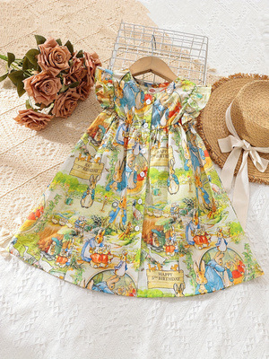 Παιδικό φόρεμα από βαμβάκι με εκτύπωση λαγουδάκι, καλοκαιρινά ελαφριά μανίκια, Α-γραμμή, για κορίτσια 3–8 ετών