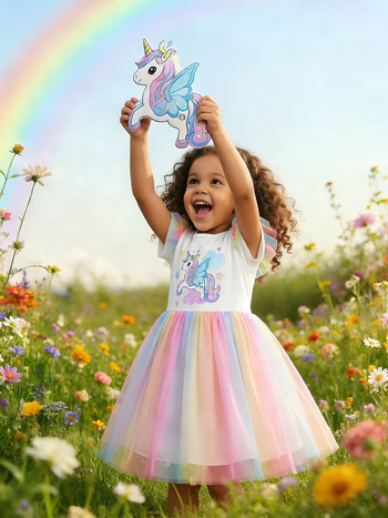 Κοριτσίστικο φόρεμα με εκτύπωση Rainbow Unicorn, mesh λεπτά μανίκια και φούστα σε gradient, στυλ πριγκίπισσας