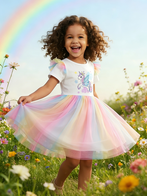 Κοριτσίστικο φόρεμα με εκτύπωση Rainbow Unicorn, mesh λεπτά μανίκια και φούστα σε gradient, στυλ πριγκίπισσας