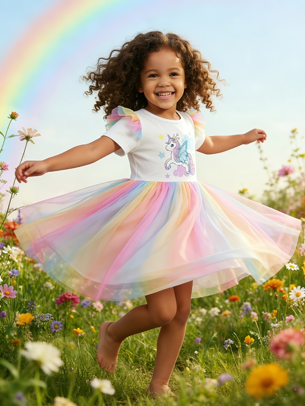 Κοριτσίστικο φόρεμα με εκτύπωση Rainbow Unicorn, mesh λεπτά μανίκια και φούστα σε gradient, στυλ πριγκίπισσας