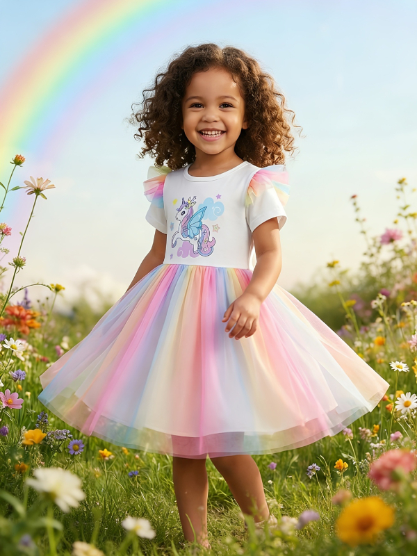 Κοριτσίστικο φόρεμα με εκτύπωση Rainbow Unicorn, mesh λεπτά μανίκια και φούστα σε gradient, στυλ πριγκίπισσας