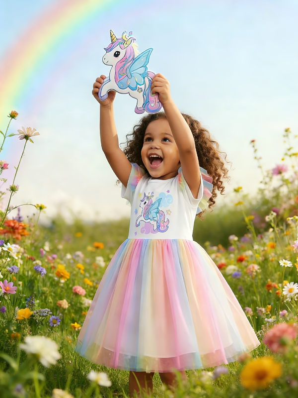 Κοριτσίστικο φόρεμα με εκτύπωση Rainbow Unicorn, mesh λεπτά μανίκια και φούστα σε gradient, στυλ πριγκίπισσας