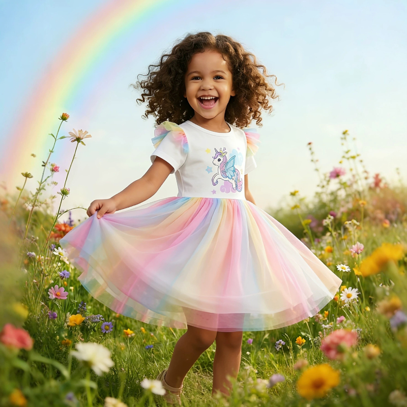 Κοριτσίστικο φόρεμα με εκτύπωση Rainbow Unicorn, mesh λεπτά μανίκια και φούστα σε gradient, στυλ πριγκίπισσας