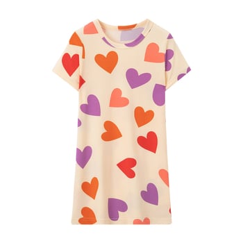 Детска лятна нощница с принт и сладък дизайн, кръгло деколте, домашна рокля за момичета
