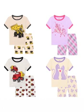 Детски пижамен комплект от дишащ плат с огнеустойчиви свойства, с много шарени принтове, за момчета и момичета
