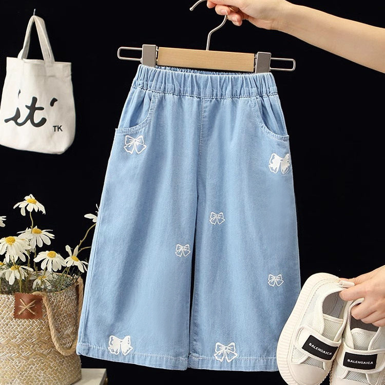 Παιδικά βαμβακερά παντελόνια για κορίτσια, καλοκαίρι, ελαφριά denim με φαρδιά μπατζάκια, αντι-κουνούπια, μακριά παντελόνια