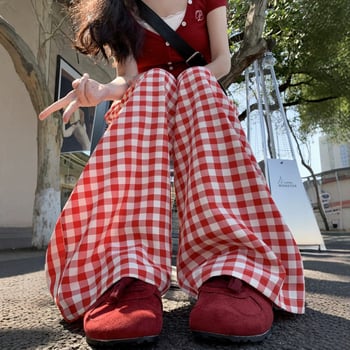 Pantaloni pentru femei în stil japonez, în carouri albastre, material ușor de vară, croială dreaptă
