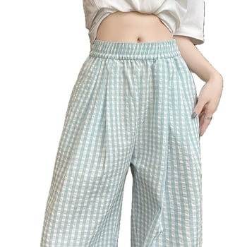 Pantaloni pentru femei în stil japonez, în carouri albastre, material ușor de vară, croială dreaptă