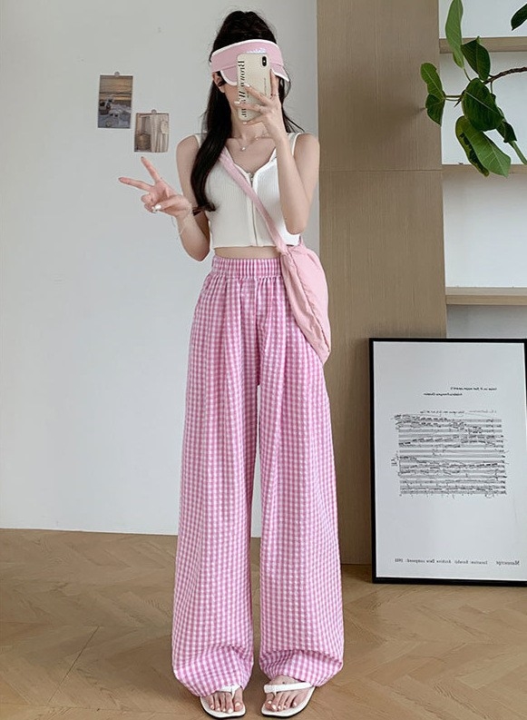 Pantaloni pentru femei în stil japonez, în carouri albastre, material ușor de vară, croială dreaptă