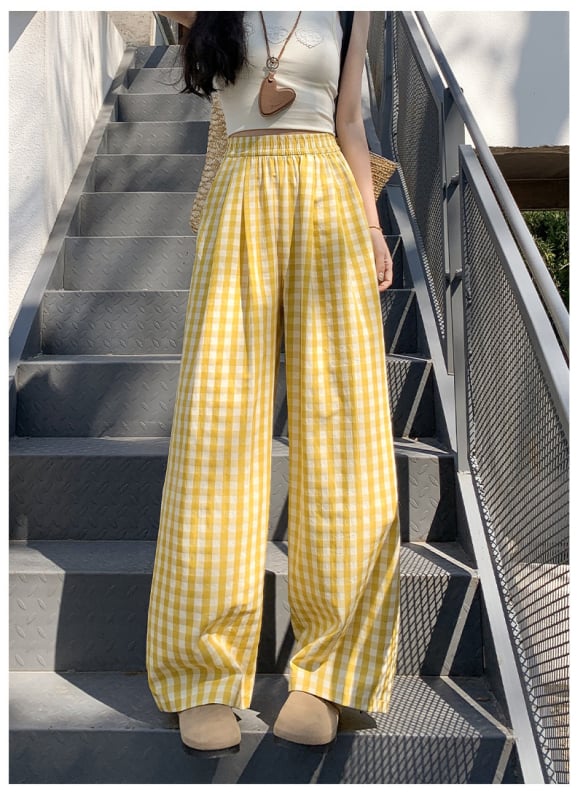 Pantaloni pentru femei în stil japonez, în carouri albastre, material ușor de vară, croială dreaptă