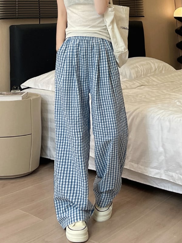Pantaloni pentru femei în stil japonez, în carouri albastre, material ușor de vară, croială dreaptă