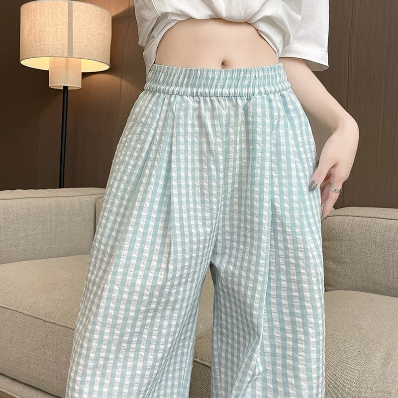 Pantaloni pentru femei în stil japonez, în carouri albastre, material ușor de vară, croială dreaptă