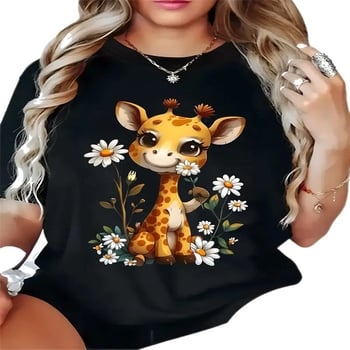 Женска лятна тениска с принт, кръгло деколте, къс ръкав, ежедневна и стилна