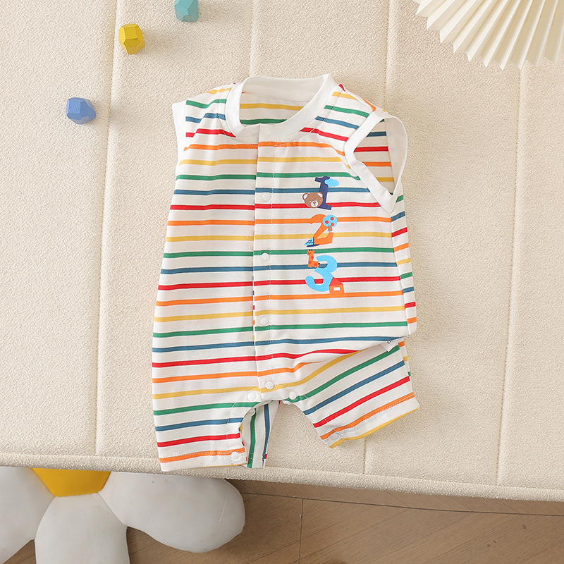 Salopetă de bebeluș fără mâneci, cu dungi colorate – scurtă, unisex, nou-născut
