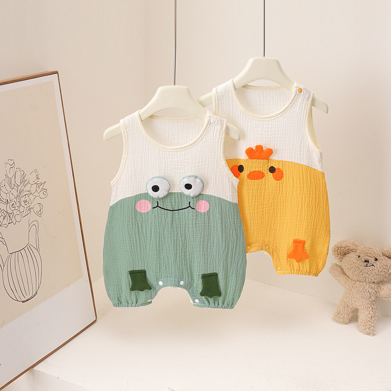 Salopetă de vară pentru bebeluți, cu imprimeu broască, unisex, 100% bumbac, fără mâneci, 0–12 luni, până la 80 cm