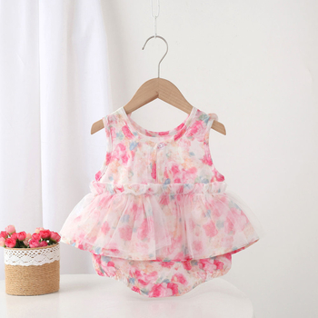 Salopetă din bumbac fără mâneci, roz cu imprimeu floral, vară