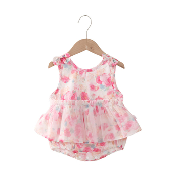 Salopetă din bumbac fără mâneci, roz cu imprimeu floral, vară