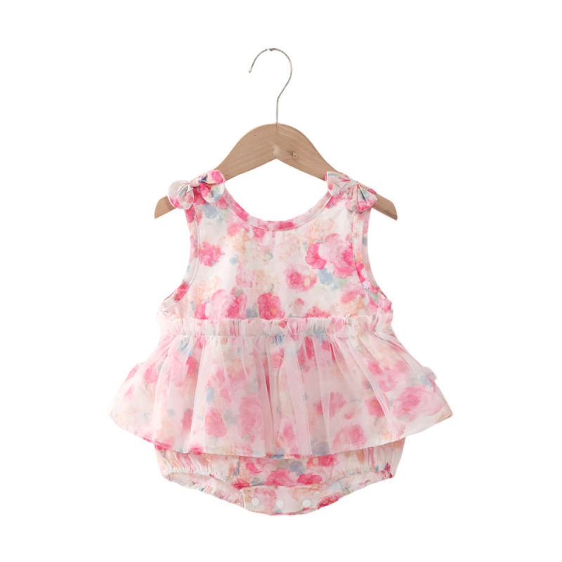 Salopetă din bumbac fără mâneci, roz cu imprimeu floral, vară