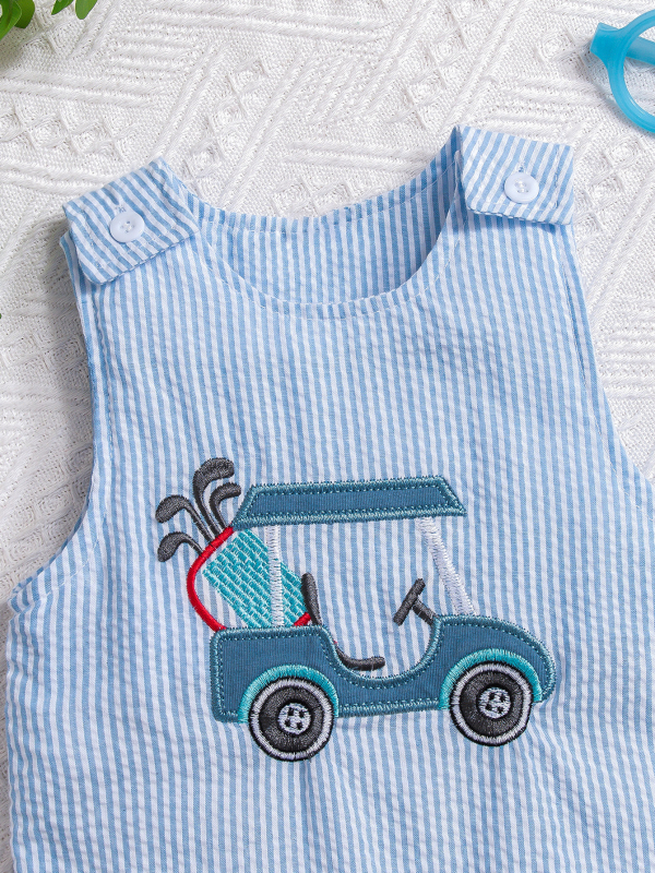 Salopetă de vară pentru bebeluși băieți, guler rotund, mâneci scurte, broderie cu mașinuță