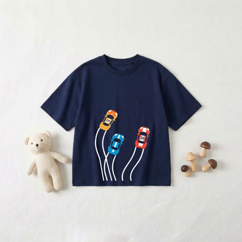 Παιδικό βαμβακερό T‑shirt με εκτύπωση αυτοκινήτου, στρογγυλή λαιμόκοψη, κοντά μανίκια, καλοκαίρι 2026