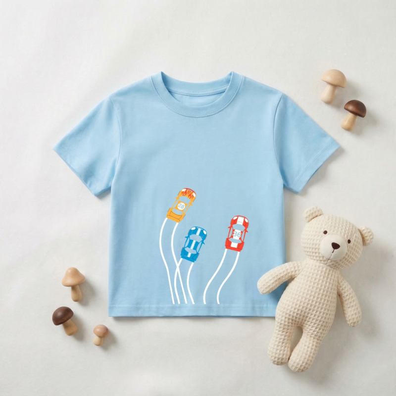 Παιδικό βαμβακερό T‑shirt με εκτύπωση αυτοκινήτου, στρογγυλή λαιμόκοψη, κοντά μανίκια, καλοκαίρι 2026