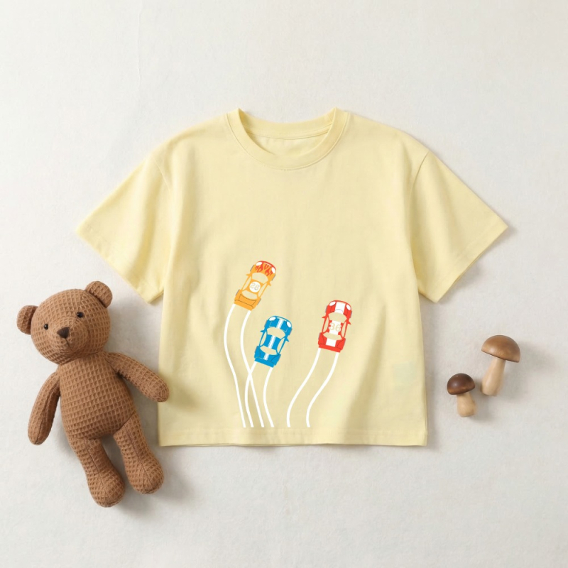 Παιδικό βαμβακερό T‑shirt με εκτύπωση αυτοκινήτου, στρογγυλή λαιμόκοψη, κοντά μανίκια, καλοκαίρι 2026