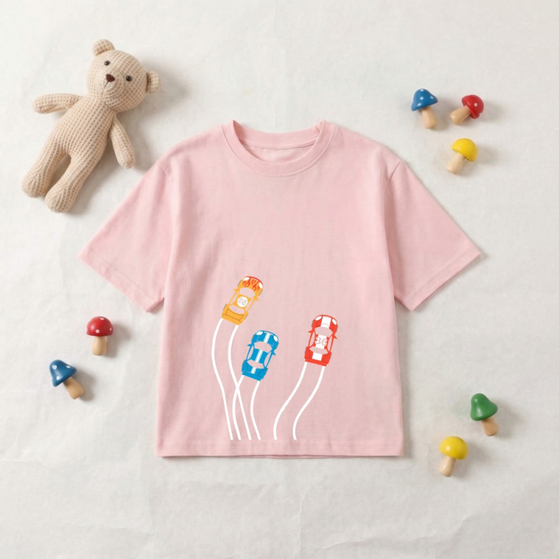 Παιδικό βαμβακερό T‑shirt με εκτύπωση αυτοκινήτου, στρογγυλή λαιμόκοψη, κοντά μανίκια, καλοκαίρι 2026