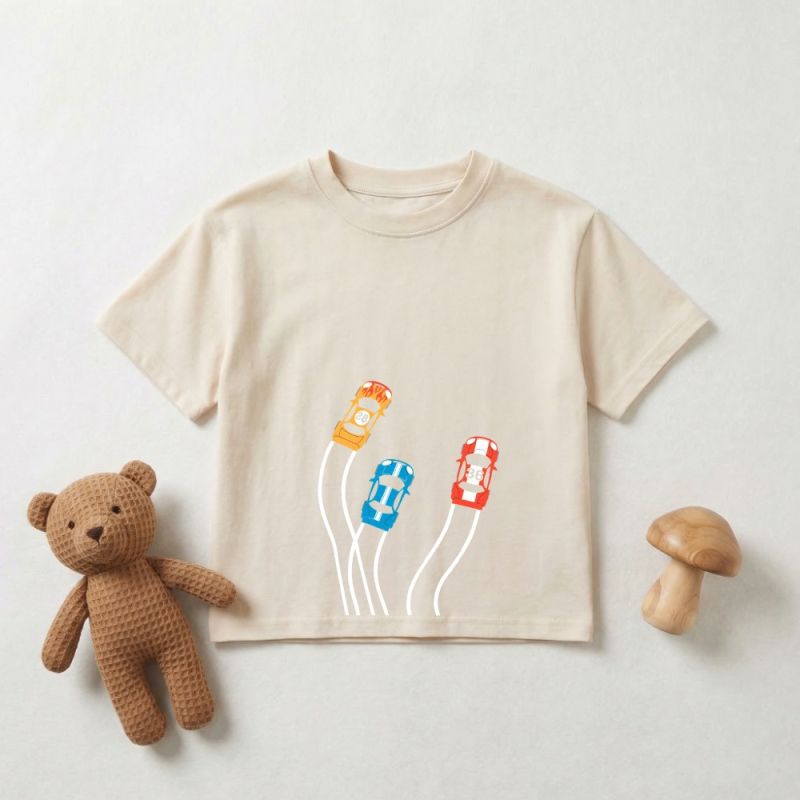 Παιδικό βαμβακερό T‑shirt με εκτύπωση αυτοκινήτου, στρογγυλή λαιμόκοψη, κοντά μανίκια, καλοκαίρι 2026
