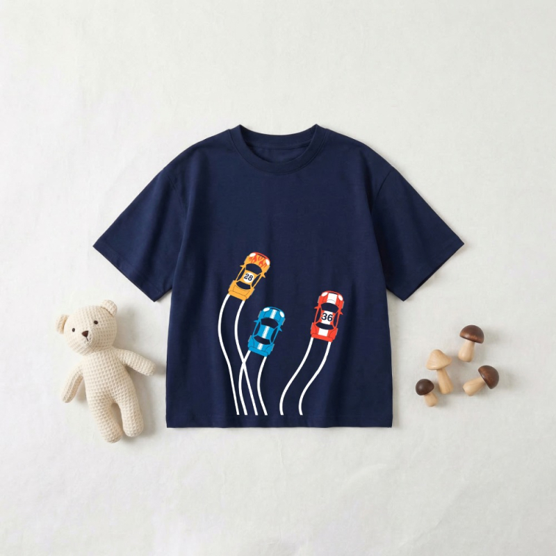 Παιδικό βαμβακερό T‑shirt με εκτύπωση αυτοκινήτου, στρογγυλή λαιμόκοψη, κοντά μανίκια, καλοκαίρι 2026