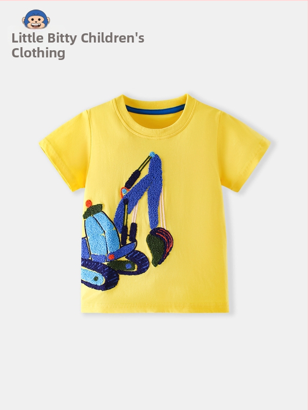 Παιδικό βαμβακερό T-shirt με κοντές μανίκες, στρογγυλή λαιμόκοψη, κέντημα με έναν κινούμενο εκσκαφέα