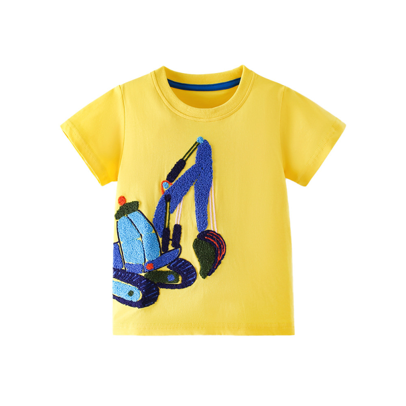 Παιδικό βαμβακερό T-shirt με κοντές μανίκες, στρογγυλή λαιμόκοψη, κέντημα με έναν κινούμενο εκσκαφέα