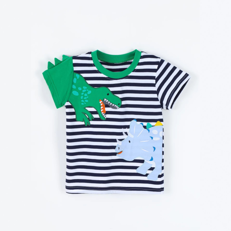 Παιδικό βαμβακερό κοντομάνικο T‑shirt με στρογγυλή λαιμόκοψη, κέντημα δεινοσαύρου, για αγόρια, καλοκαίρι 2026