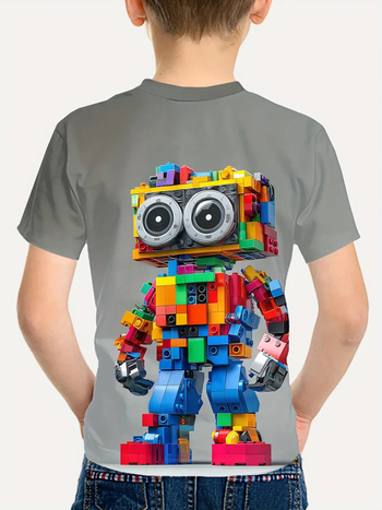 Tricou copii cu imprimare 3D digitală a robotului din blocuri de construcție, mânecă scurtă