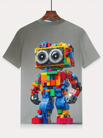 Tricou copii cu imprimare 3D digitală a robotului din blocuri de construcție, mânecă scurtă