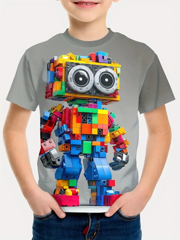 Tricou copii cu imprimare 3D digitală a robotului din blocuri de construcție, mânecă scurtă